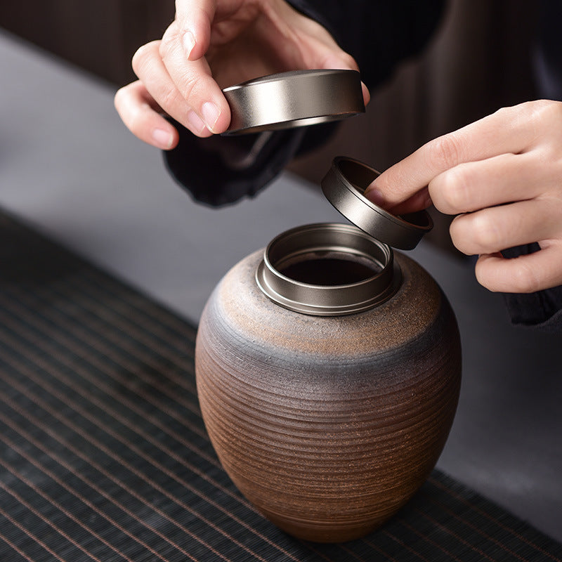 Ancient Early Burning Stoneware Large Tea Pot Moisture-Proof Retro Wake-up Tea Pot Ceramic Tea Storage Box Sealed Tea Storage Pot