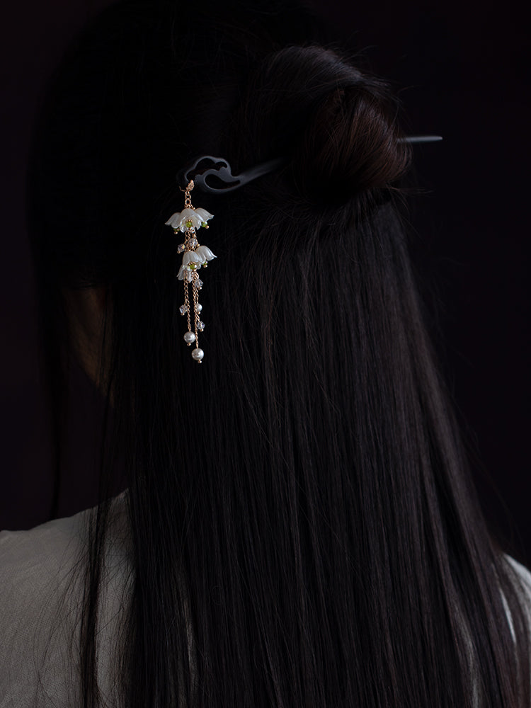 Gold-Plated Orchid Tassel Pearl Wooden Hairpin