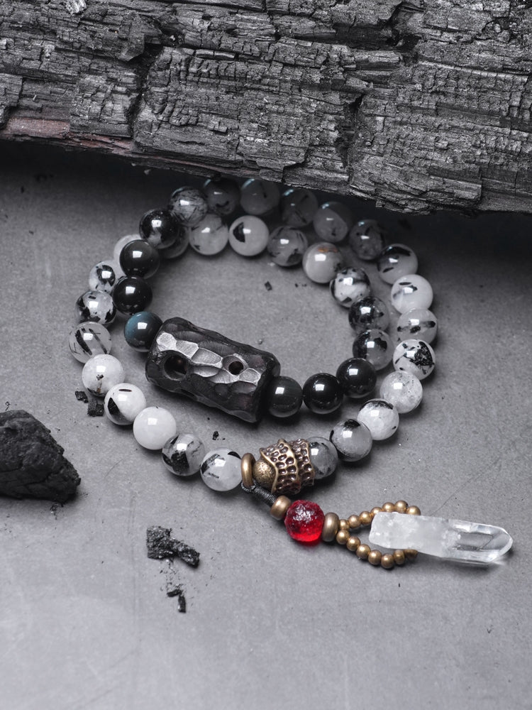 Buddha Black Rutilated Quartz White Crystal Ebony Wood Bracelet