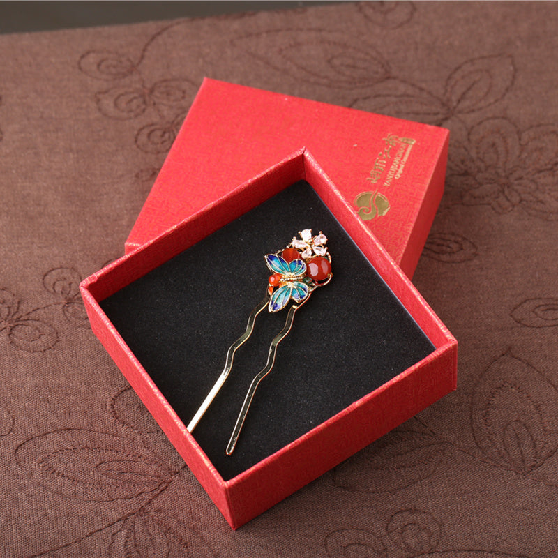 Ancient Style Red Agate Cloisonné U-shaped Hairpin