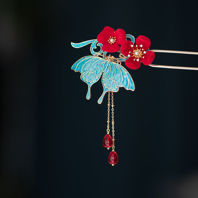 Cloisonné Butterfly Red Agate Tassel Metal Hairpin