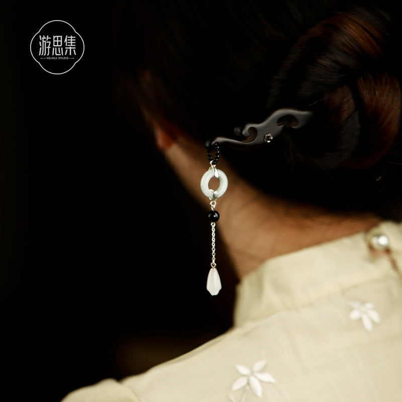 Ancient Style White Jade Tassel Ebony Wood Hairpin