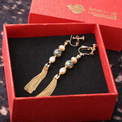 Chinese Style Pearl Long Fringe Earrings