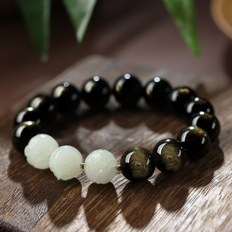 Gold Sheen Obsidian Hetian Jade Zodiac Bracelet