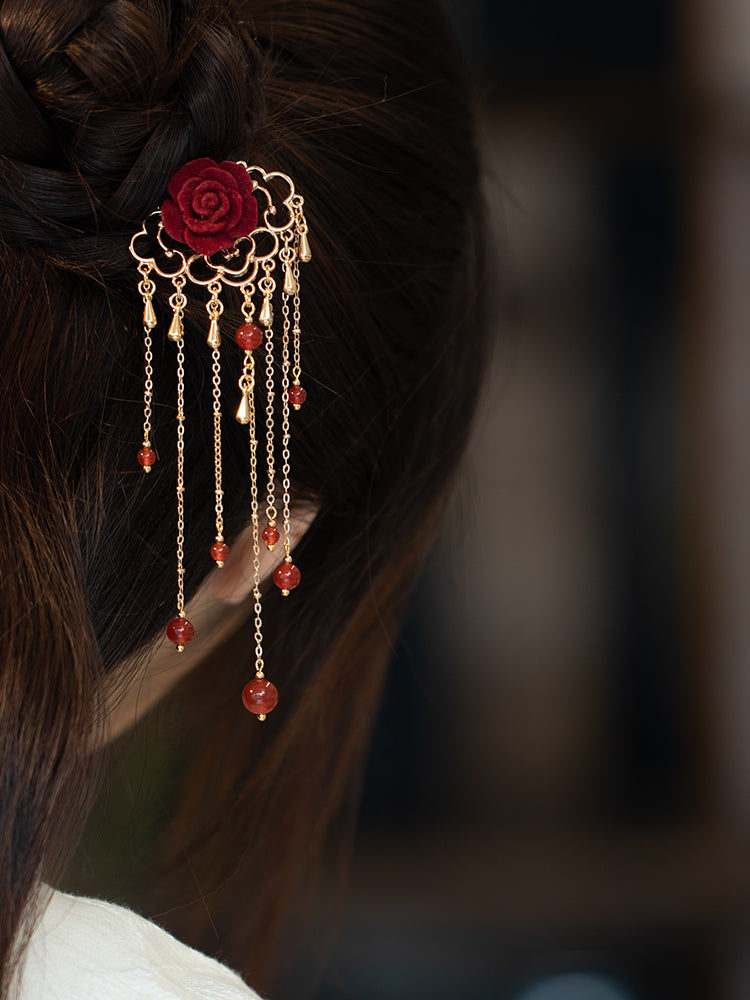 Original Rose Red Agate Tassel Metal Hairpin