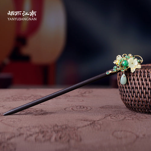 Green Agate Cloisonné Synthetic Flower Wood Hairpin