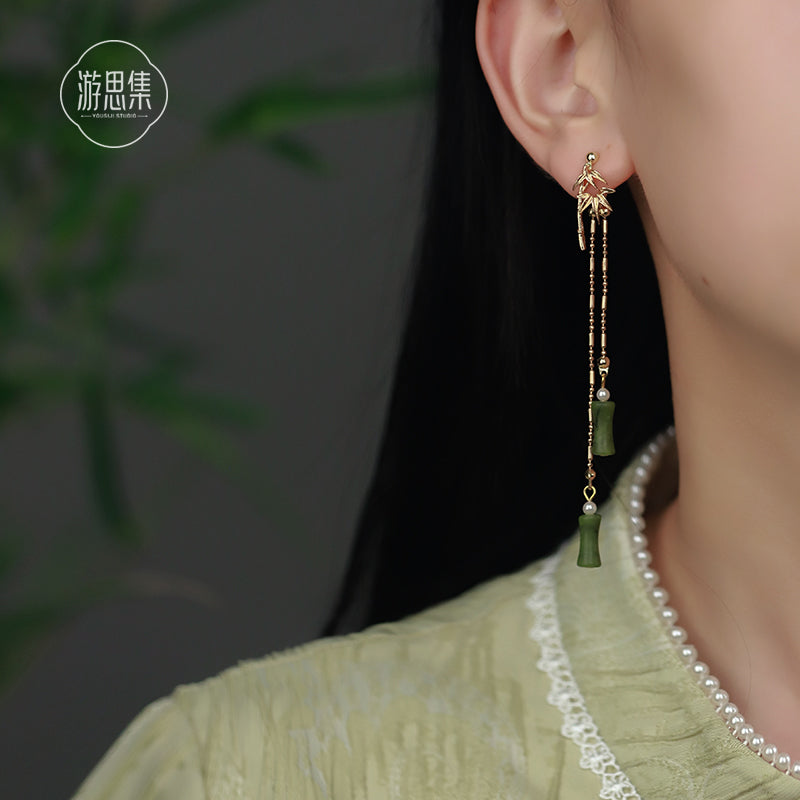 New Chinese Style Ancient Style Olive Jade Bamboo Tassel Earrings