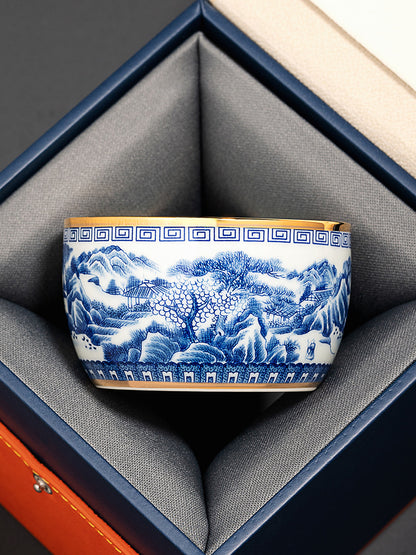 Hand Painted Blue and White Landscape Master Cup Gold Inlaid Porcelain