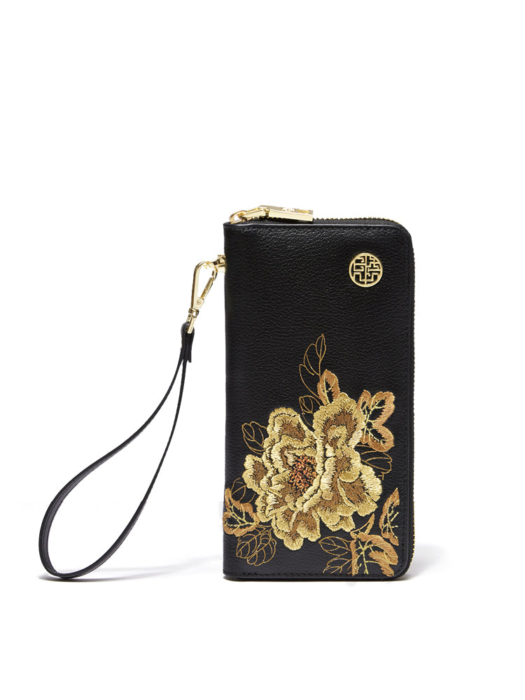 Peony Ode Embroidered Genuine Leather Purse
