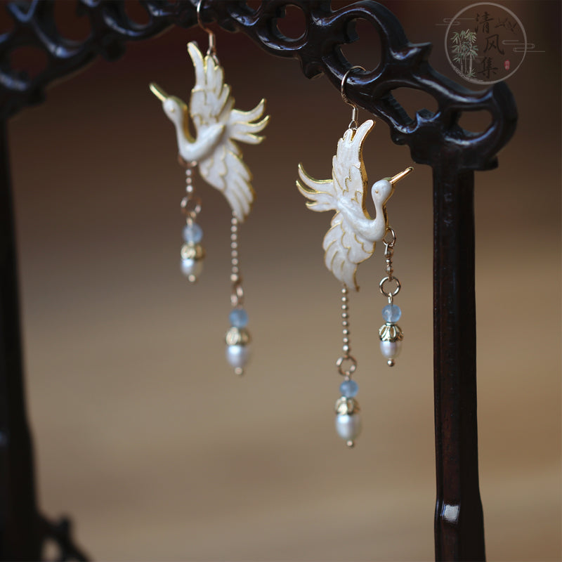 Ancient Style Original 925 Cloisonne Crane Earrings