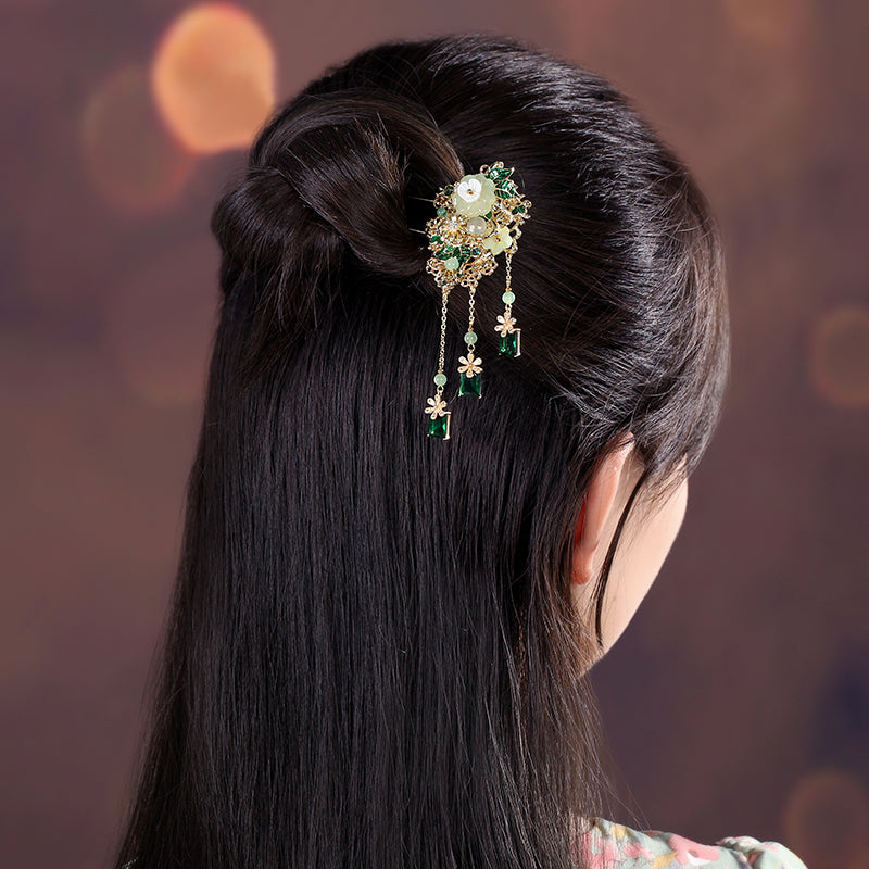 Ancient Style Green Jade and Glass Shell Flower Hairpin