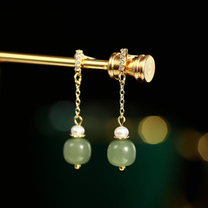 Elegant Hetian Jade Pearl 14 Gold Earrings