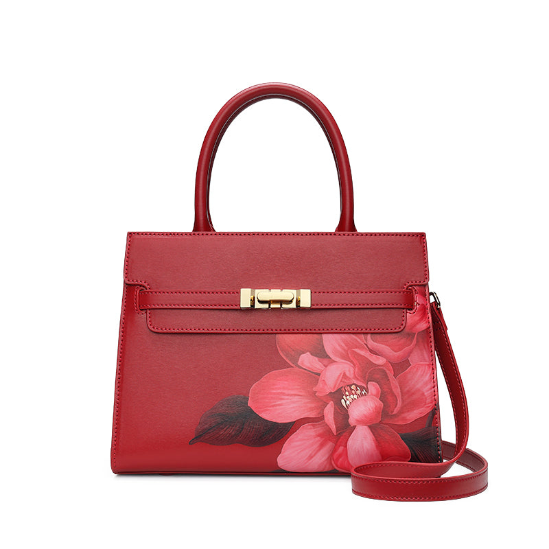 Peach Blossom Embroidered Genuine Leather Handbag