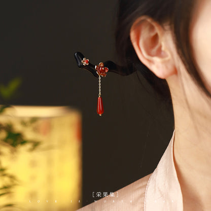 Ancient Style Ebony Red Agate Flower Hairpin