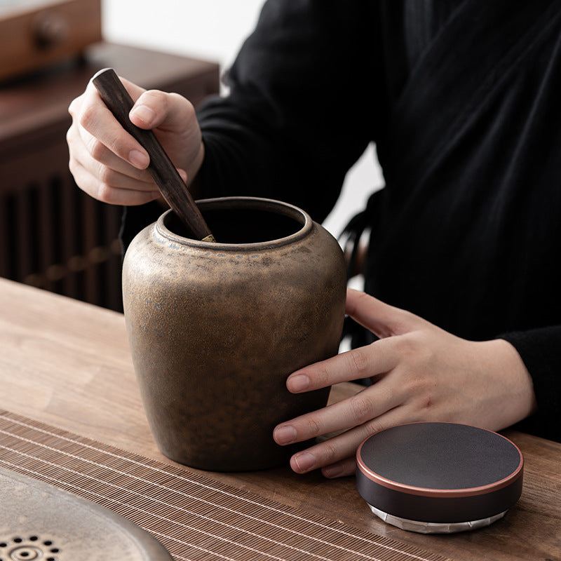 Japanese Style Gilding Iron Glaze Stoneware Tea Tins Handmade Retro Household Porcelain Sealed Tea Container Large Tea Warehouse