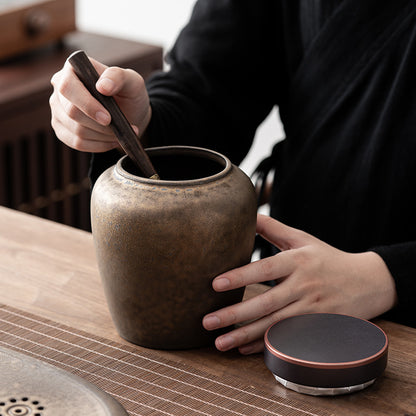 Japanese Style Gilding Iron Glaze Stoneware Tea Tins Handmade Retro Household Porcelain Sealed Tea Container Large Tea Warehouse