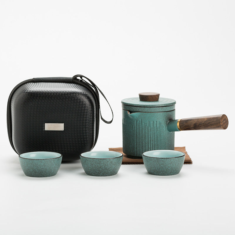 Bluestone Glaze Travel Kung Fu Tea Set One Pot Three Cups