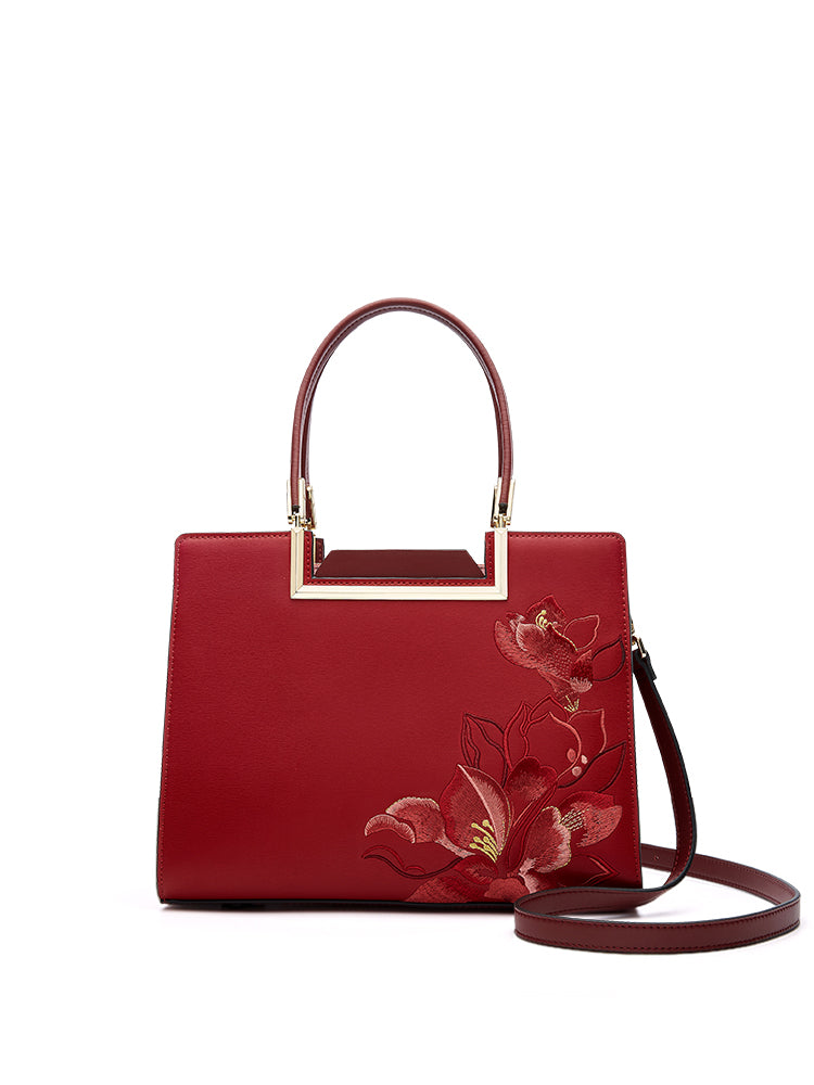 Auspicious Fragrant Snowy Magnolia Embroidered Leather Handbag