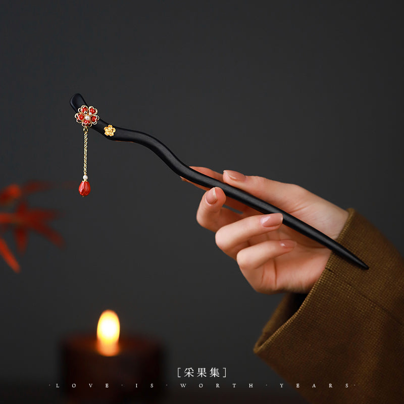 Ancient Style Plum Blossom Double-Use Tassel Ebony Hairpin