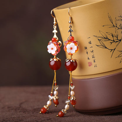 Ethnic Ancient Style Red Eardrops Silver Clip Earrings