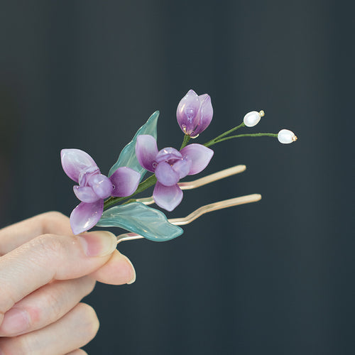 Purple Glass Flower Gold-Plated Tassel Hairpin