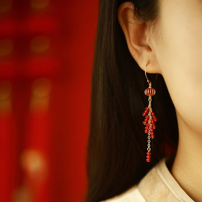 New Year Red Crystal Tassel Long Earrings