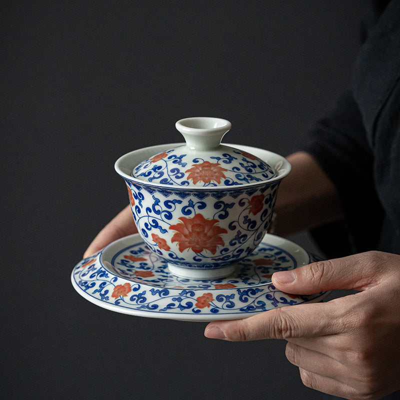 High-End Glazed Red Blue and White Gaiwan