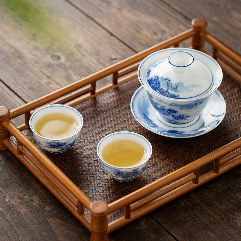 Hand-Painted Blue and White Porcelain Landscape Gaiwan