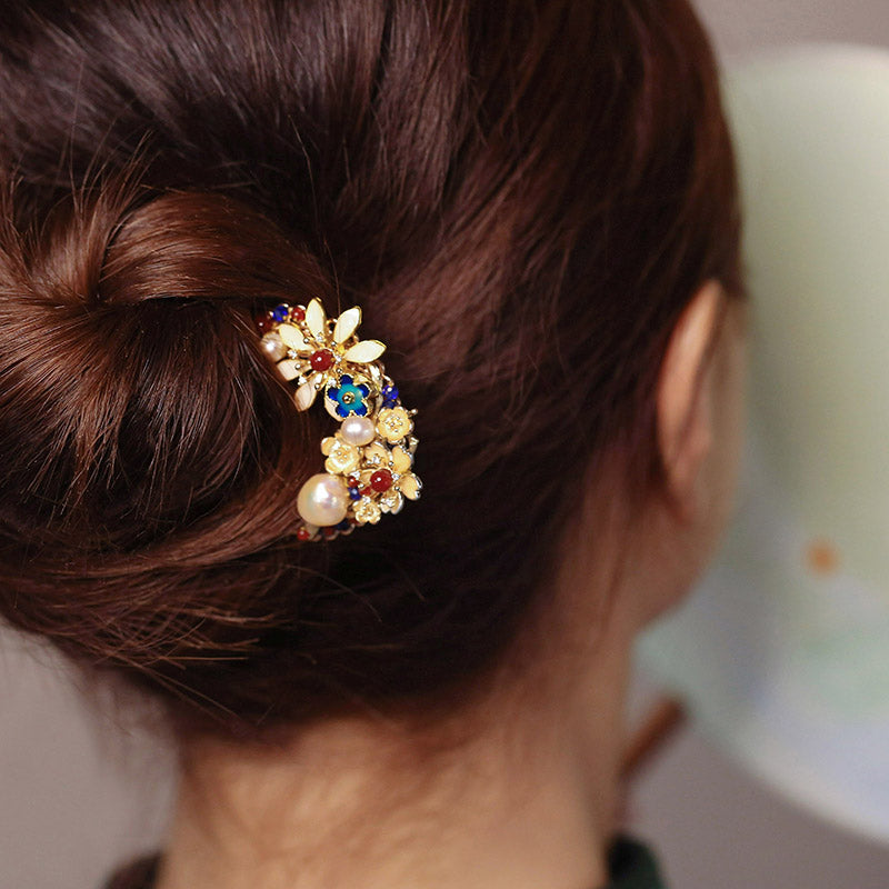 Antique Style Cloisonné Flower Pearl Metal Hairpin