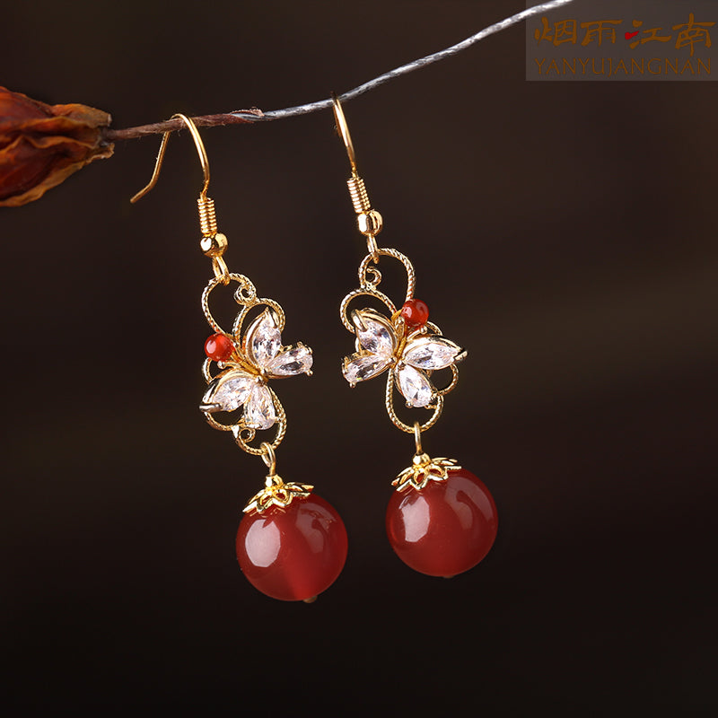 Vintage Mori Style Zircon Red Agate Earrings