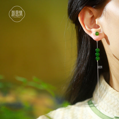 New Chinese Style Hetian Jade Green Tassel Earrings