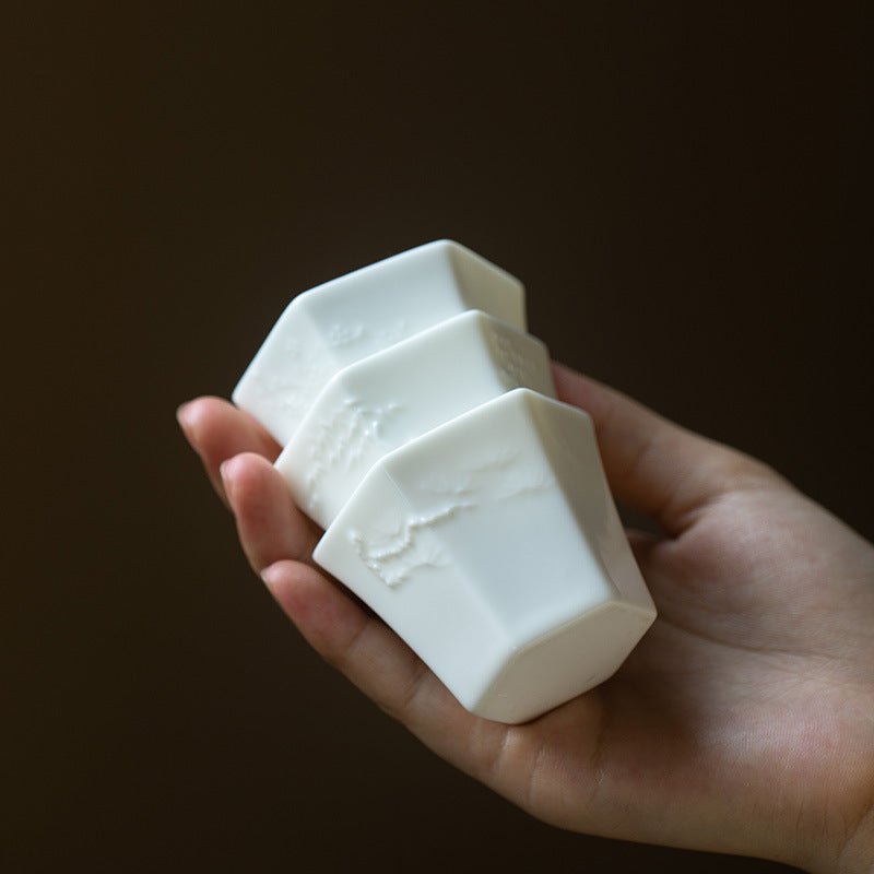 Handmade White Jade Porcelain Hexagonal Tea Cup