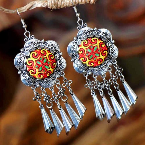 Miao Ethnic Vintage Miao Silver Tassel Embroidered Earrings
