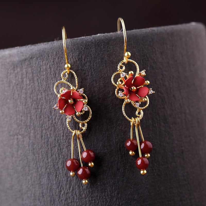 Elegant Ancient Style Flower Red Agate Earrings