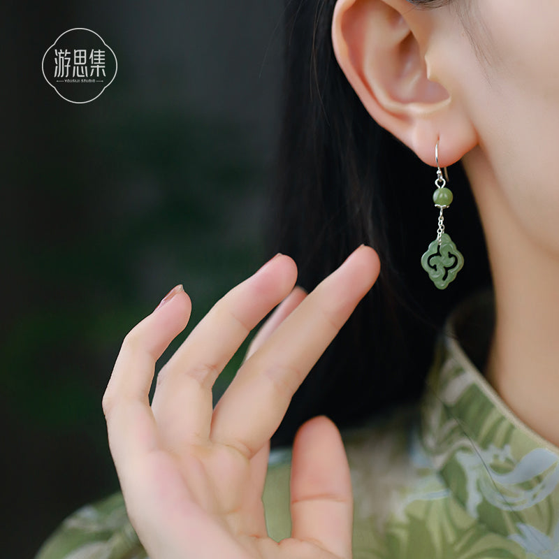 Hetian Jade Auspicious Cloud Sterling Silver Ear Thread Earrings