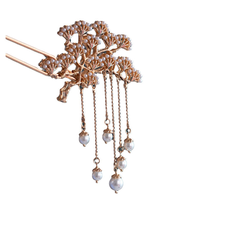 Double-Sided Pine Branch Metal Tassel Pearl Hairpin