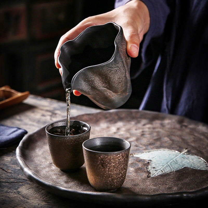 Ceramic Lotus Leaf Pitcher Japanese Style Gilding Iron Glaze Larg Pitcher Fair Cup Tea Pot Antique Kung Fu Tea Set