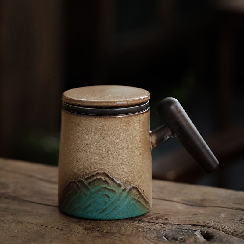 Kiln Baked Office Cup - Wooden Handle with Cover