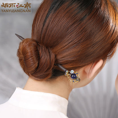 Ancient Style Deep Blue Cloisonné Ebony Hairpin