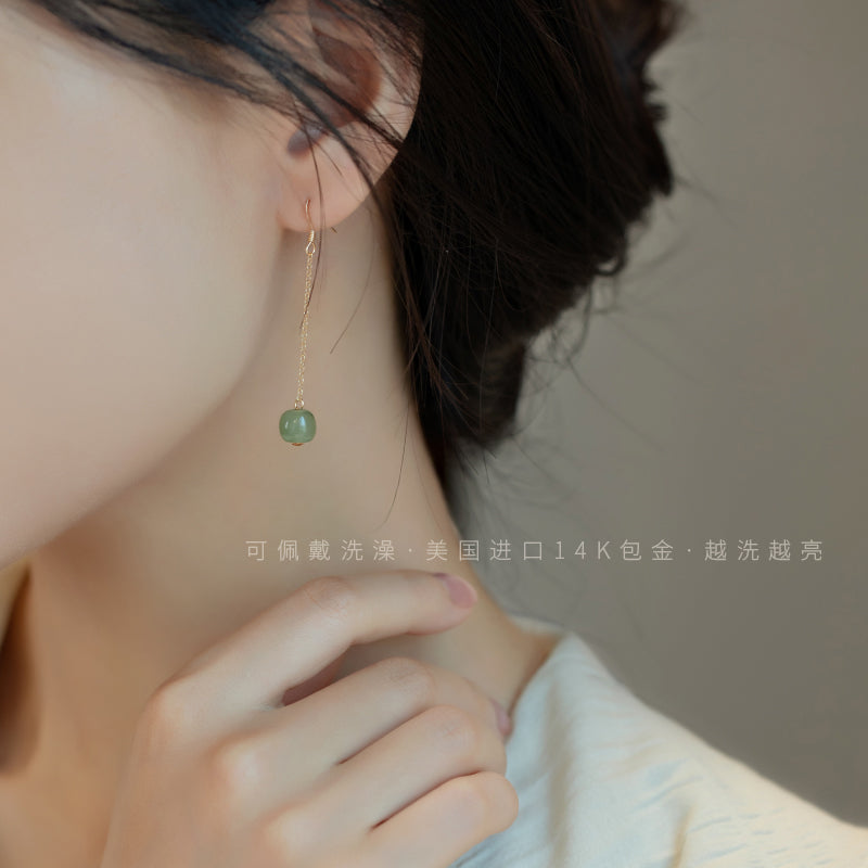 Chinese Ancient Style Tassel Long Hetian Jade Earrings