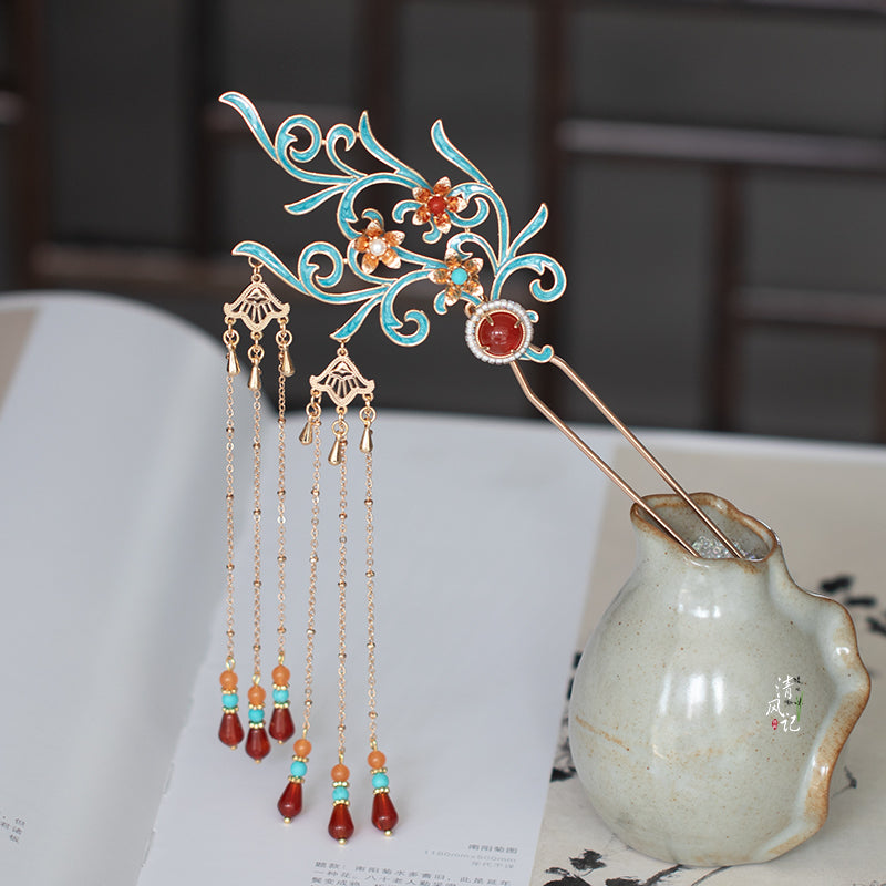 Ancient Style Red Agate Brass Tassel Hairpin