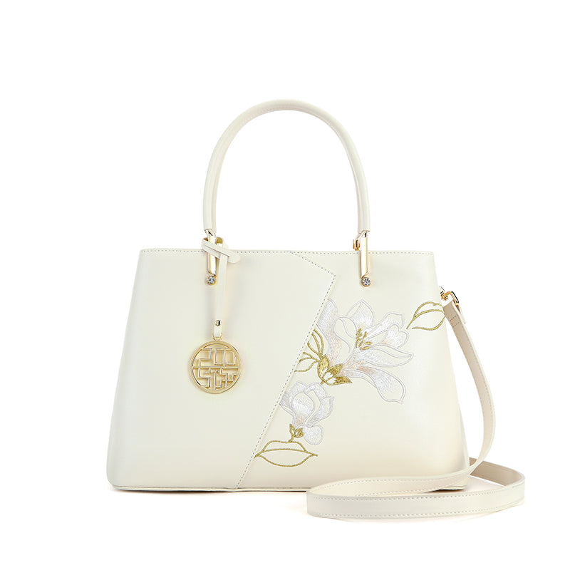Elegant Magnolia Embroidered Genuine Leather Handbag