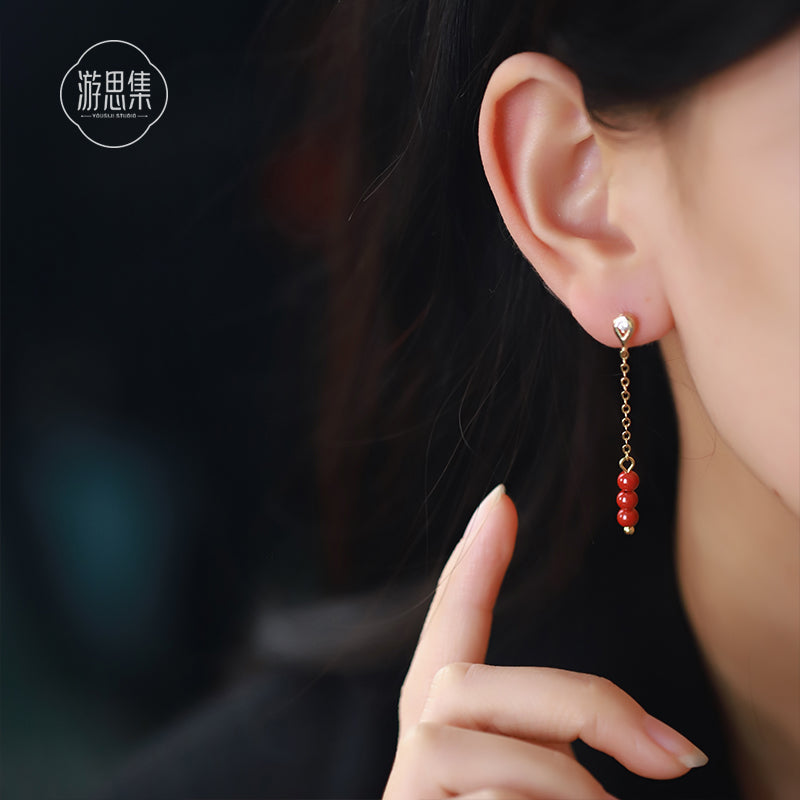 Chinese Niche Design Tassel Long Red Earrings