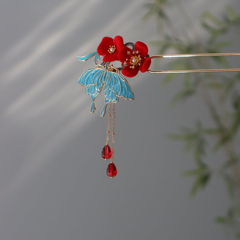 Cloisonné Butterfly Red Agate Tassel Metal Hairpin