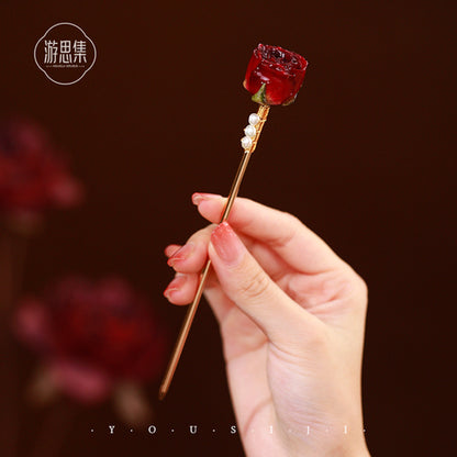 Real Flower Rose Pearl Copper Tassel Hairpin