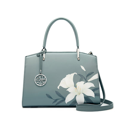 Greenish Lily Flower Leather Embroidery Handbag