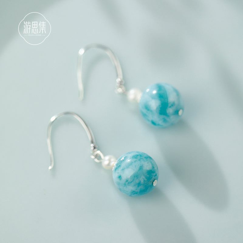 Natural  Sea Blue Stone Pearl Earrings