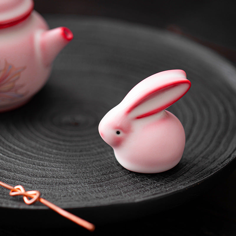 Lard Jelly Powder Ru Pink Lady Rabbit Tea Ornaments Decoration Cover Handle Ceramic Home Tea Ceremony Accessories Tea Table Decoration