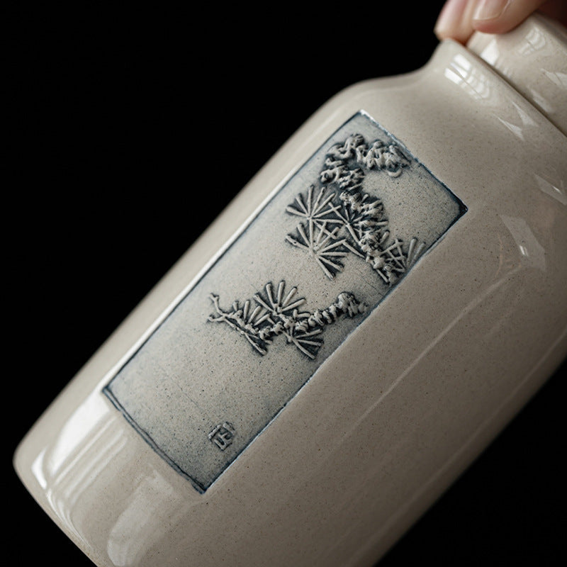 Grass and Wood Gray Glaze Ceramic Tea Pot Small Sealed Tea Container Tea Warehouse Kung Fu Tea Set Pu-Erh Black Tea Cans