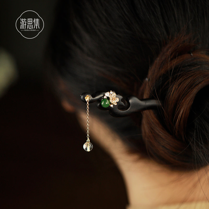 Ancient Style Crystal Cyan Jade Ebony Hairpin